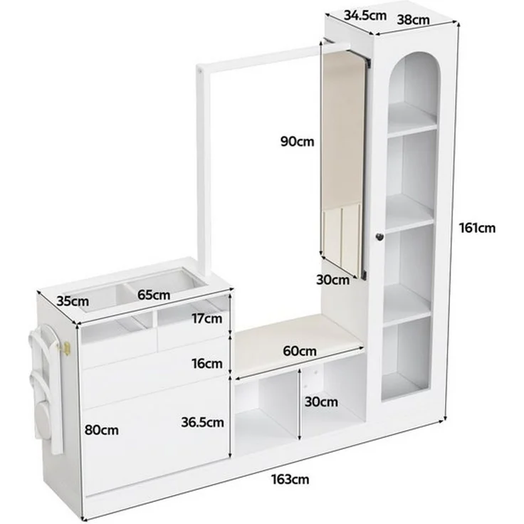 Merax Garderoben-Set 6-in-1 Garderobenschrank Eingangsbereich-Schrank mit LED, (platzsparender Eingangsbereich-Schrank aus Spanplatte, 1-St, 163x161x35cm), Flurschrank mit Spiegel, Schuhschrank, Kleiderstange,9 Stauraumfächern – Bild 4