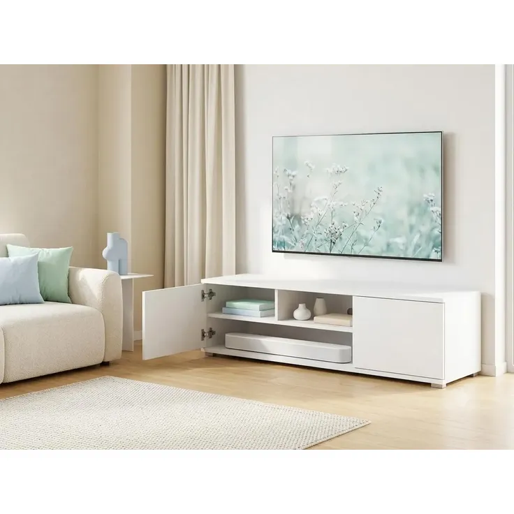 Sleepyshop24 TV Lowboard 120 cm Weiss. Natur RTV Schrank mit Stauraum Fernsehmöbe, Fernsehtisch Holzoptik mit Türen modern, Wohnzimmer, Weiß – Bild 2
