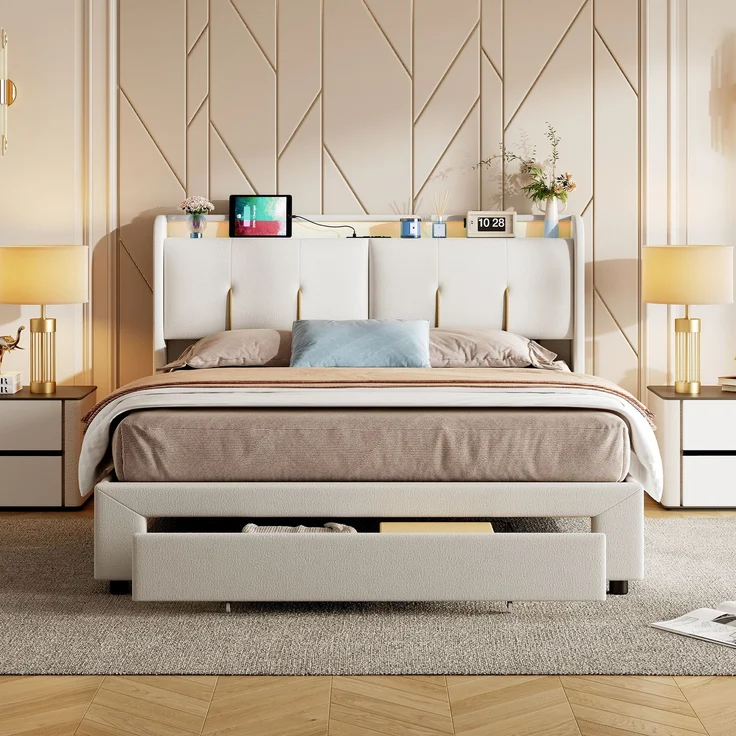 Pressure bed with storage function, light strip and USB charging port, double bed 140 * 200cm beige velvet European standard charger – Bild 9