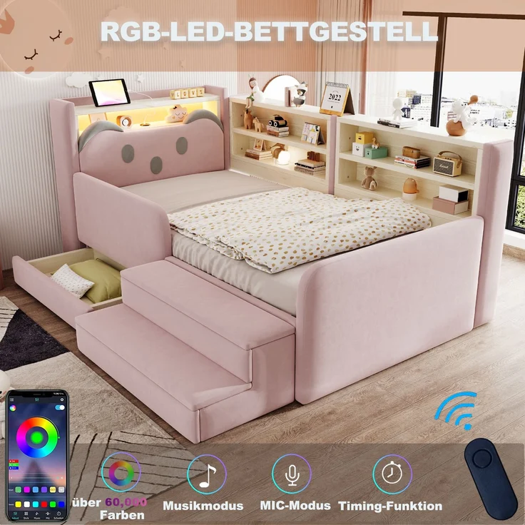 ZUBALIYA Polsterbett, mit Schubladen, mit Stauraum, mit LED-Beleuchtung, mit USB-Anschluss, inklusive Lattenrost, Liegefläche 90 × 200 cm, H 85 × T 218 × B 108.5 cm, Rosa, Samt – Bild 6