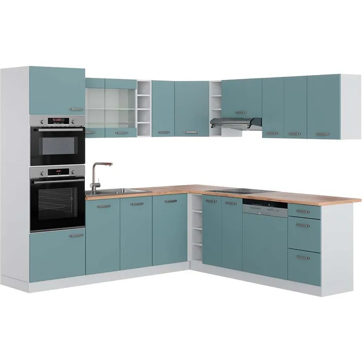 Eckküche R-Line Blau-Grau/Weiß 247 x 60 cm , AP Eiche Vicco
