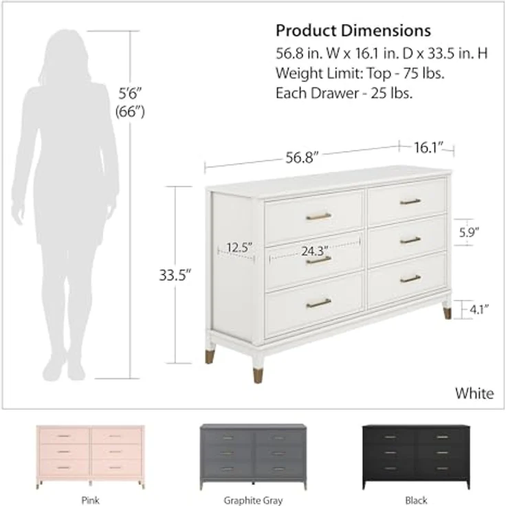 DHP Westerleigh Kommode mit 6 Schubladen, Graphitgrau, 145 x 41 x 85 cm, MDF mit goldfarbenen Griffen, Moderne Schlafzimmerkommode mit viel Stauraum – Bild 3
