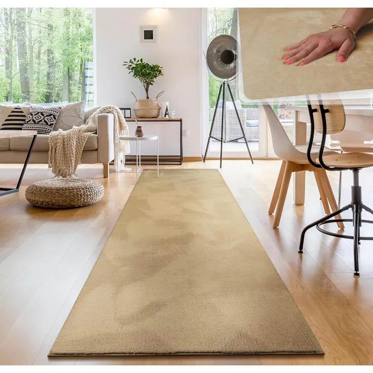 Paco Home Waschbarer Teppich Wohnzimmer Schlafzimmer Kurzflor rutschfest Flauschig Weich Moderne Einfarbige Muster, Grösse:80x300 cm, Farbe:Beige 2