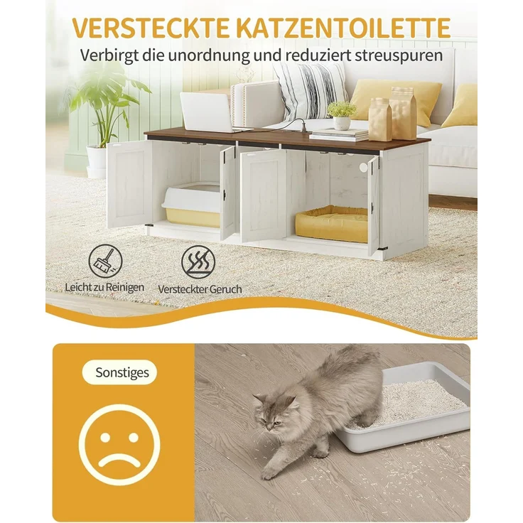Katzenschrank mit USB-Anschlüssen und Steckdosen, Katzenklo Schrank, 140 cm Verstecktes Katzentoilette für 2 Katzen, Katzenhaus für den Innenbereich mit Katzenglocke, Braun-Weiß – Bild 6
