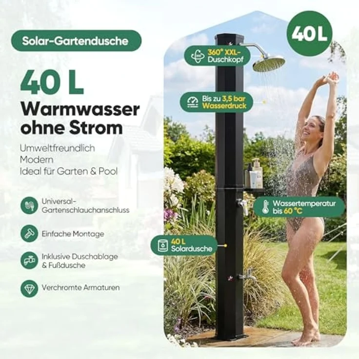 Sekey Solardusche 40L/ 60L Solar Gartendusche Pooldusche Campingdusche bis 60°C Wasser, 40L stromfreie Wassererwärmung, mit Direktanschluss für Gartenschlauch – Bild 2