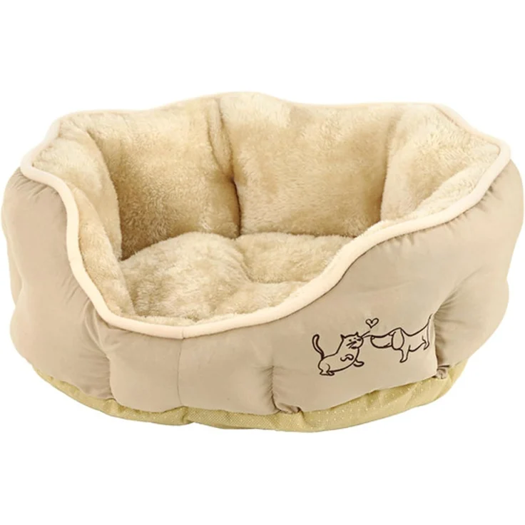 Dehner Lieblinge Hundebett und Katzenbett Sammy, oval, ca. 57 x 52 x 14 cm, Polyester, beige – Bild 1
