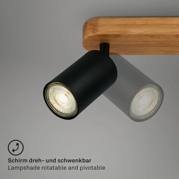 BRILONER Leuchten - Deckenlampe retro mit Holz, 2-flammige Deckenleuchte vintage, 2x GU10 Fassung, verstellbarer LED Spot, rustikaler Deckenspot, Schwarz-Holz, 270 x 60 x 85 mm, 2922-025 – Bild 3