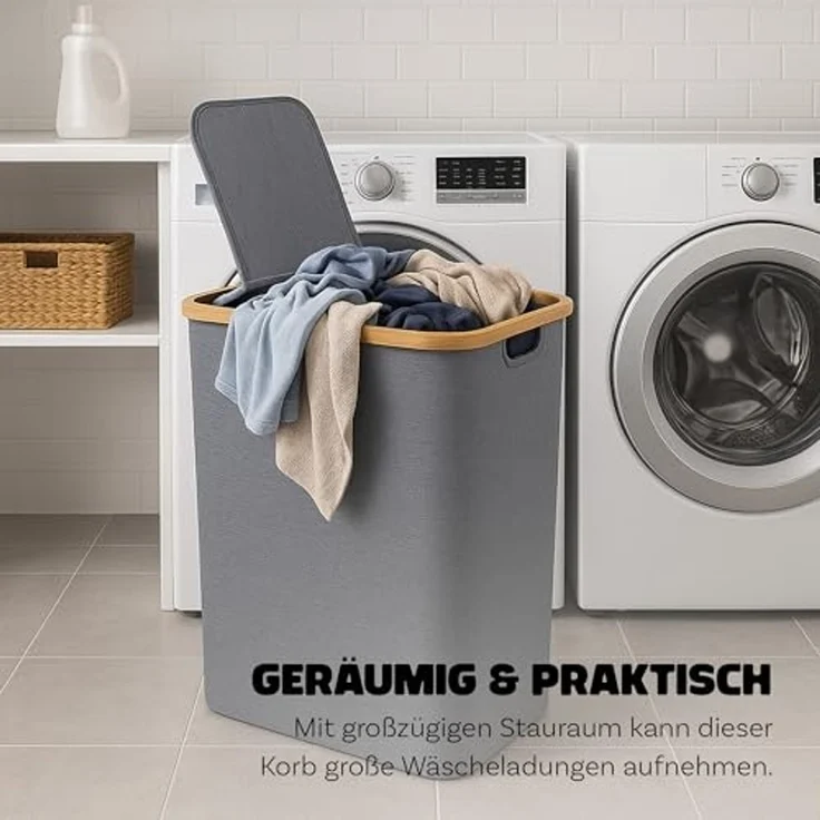 Bestlivings Wäschekorb mit Bambusrahmen inkl. 2 Fächern 54x34x65 cm, 120L, 2-geteilter Deckel, Bezug: 100% Polyester, atmungsaktiv – Bild 4