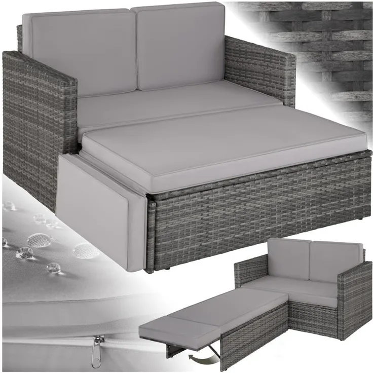 tectake Sofa Set - 2 Sitzer Sessel mit Hocker und Schlaffunktion, kleine Rattan Couch als Outdoor Gartenmöbel, wetterfest für Lounge, Balkon und Garten, klappbar mit Polstern