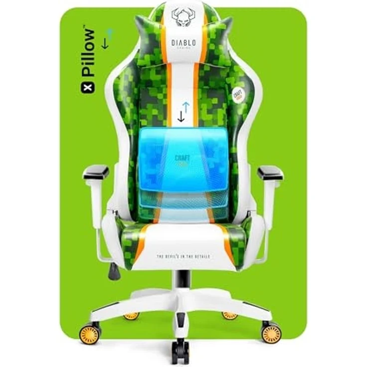 Diablo Chairs X-One 2.0 Craft Edition Kleiner Gaming-Drehstuhl ergonomischer Schreibtischstuhl mit Lendenkissen und Kopfstütze Rückenlehnenverstellung aus Kunstleder 64 x 33 x 120 cm Grün-Weiß – Bild 7