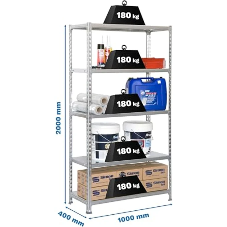 SimonRack Metallregale, 2000 x 1000 x 400 mm, 5 Regalböden, 180 kg Flexion-Punkt, Industrie-Regal, Grau/Galva - Simonclick – Bild 3