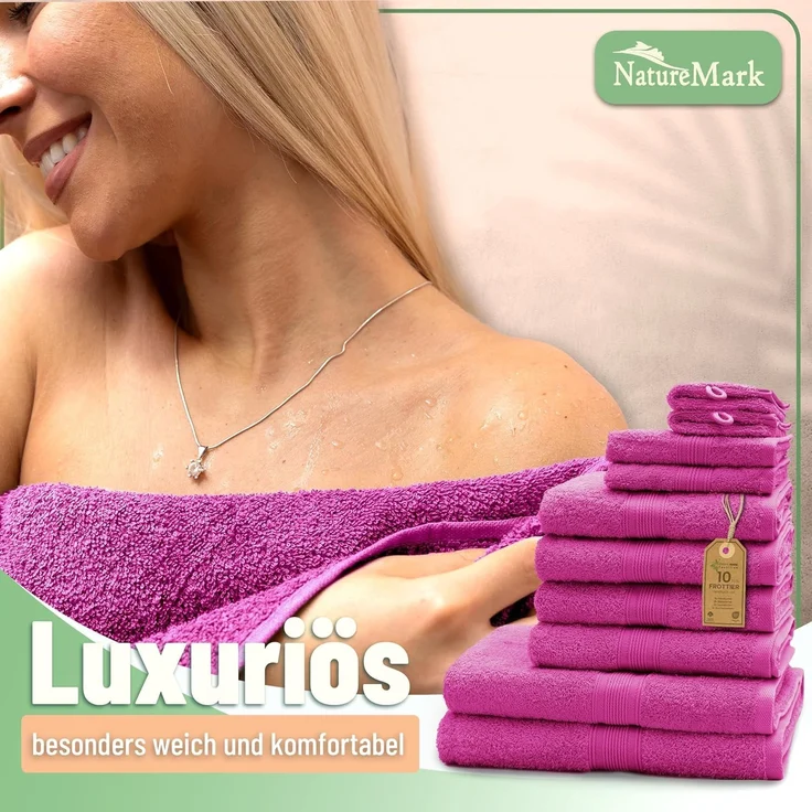 GREEN MARK Textilien 10 TLG. FROTTIER Handtuch-Set mit verschiedenen Größen 4X Handtücher, 2X Duschtücher, 2X Gästetücher, 2X Waschhandschuhe | Farbe: Pink | Premium Qualität – Bild 7