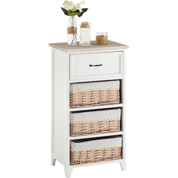 CARO-Möbel Kommode Mehrzweckschrank Anrichte Provence in weiß, Shabby Chic Vintage Look, mit 1 Schublade und 3 Körben