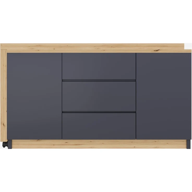 Flieks 360° Schreibtisch mit Sideboard, 120×50×76.5cm, Eckschreibtisch auf Rollen, Computertisch mit 3 Schubladen & 2 Türen, Grau/Eiche – Bild 7