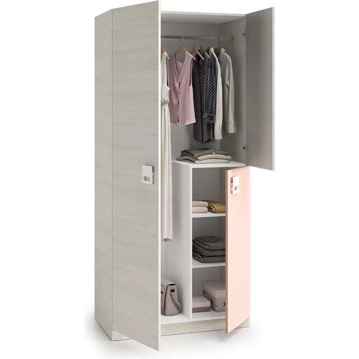 Dreitüriger Kleiderschrank mit Kleiderstange und drei Innenböden, Holzoptik grau mit rosa Türdetail, Maße 90 x 200 x 52 cm