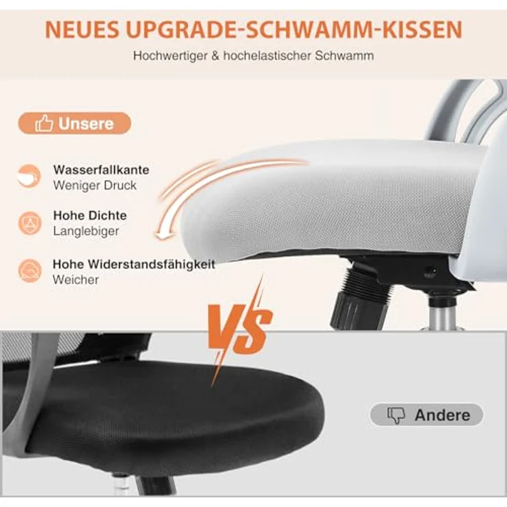 Sweetcrispy Bürostuhl Ergonomisch, Schreibtischstuhl mit Lendenwirbelstütze, Höhenverstellbarkeit Stuhl, Bürostühle mit Armlehne, Office Chair Geeignet für Büro und Schlafzimmer, Grau – Bild 5