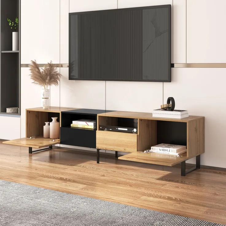TV-Lowboard 190 cm mit Türen und Schubladen, moderner Fernsehtisch in Schwarz und Holzoptik