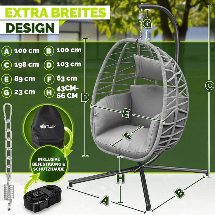 tillvex® Hängesessel mit Gestell Outdoor & wetterfester Abdeckung inkl. Befestigung | Hängekorb klappbar bis 150 kg | Hängesitz aus Rattan | Hängestuhl für Indoor Garten Balkon Terrasse – Bild 7
