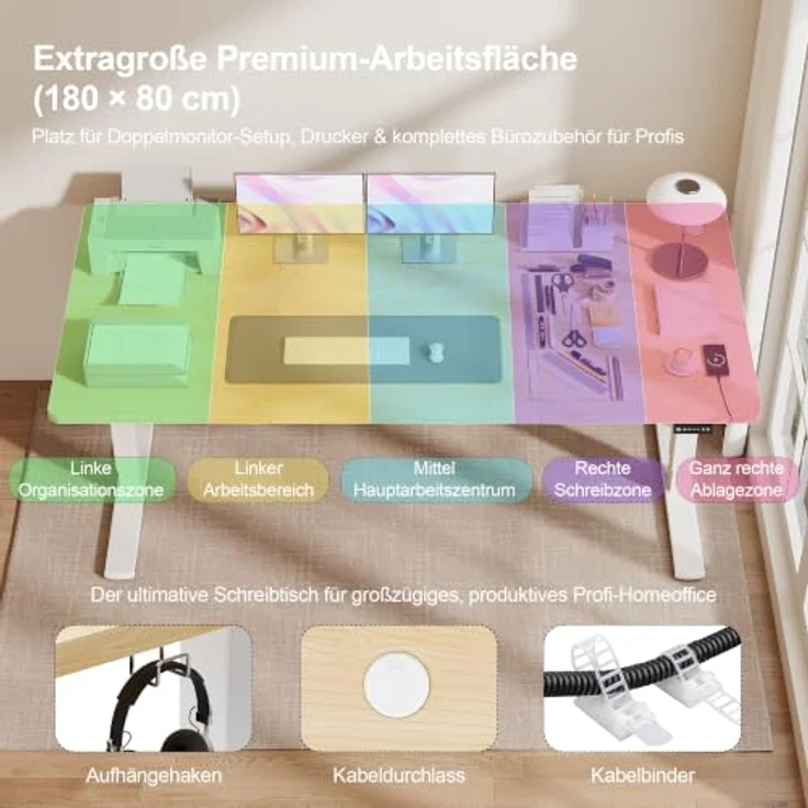 JUMMICO 180x80cm Höhenverstellbarer Schreibtisch, USB-Anschluss, 2 Höhen Memory-Funktion, Anti-Kollisions, Erinnerungsfunktion – Bild 8