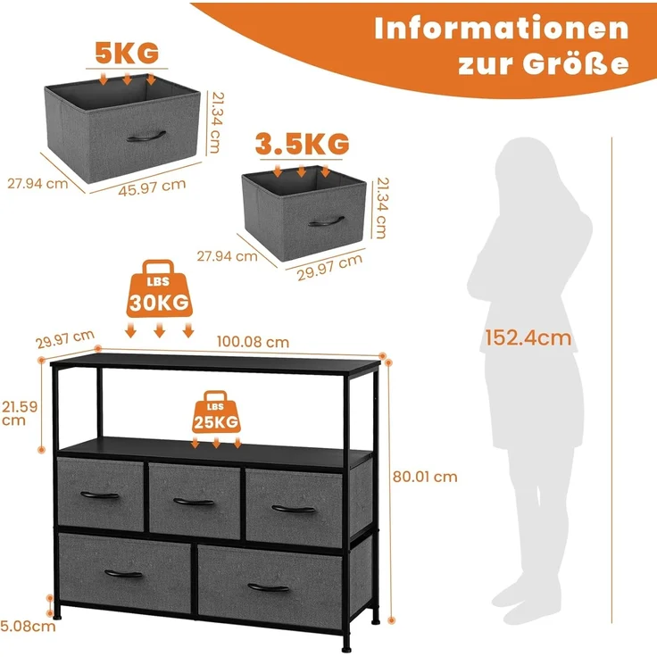 Sweetcrispy Kommode,TV Schrank Stand für Schlafzimmer mit 5 Stoffschubladen,Sideboard Wohnzimmer für 115cm TV,Einstellbare Füße Schubladenschrank,Komodenschrank für Schlafzimmer,Modernes Grau – Bild 3