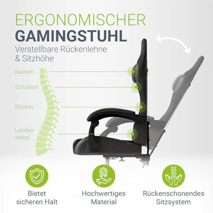 Juskys Gamingstuhl HyperSeat, verstellbare Rückenlehne, höhenverstellbarer Drehstuhl, Kunstleder, ergonomisch, für Büro & Gaming Setup – Grau/schwarz – Bild 5