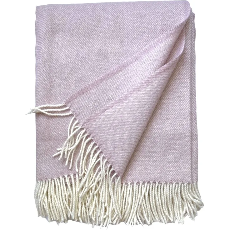 Wolldecke Plaid mit Fransen 100% Schurwolle (145x180 cm, Uni Soft Rosa)