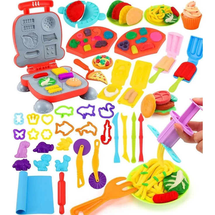 POPOLIC Wandhaken Knete Zubehör,48 St Knete Set Gehören Hamburger-Maker,Knete-Werkzeuge, (1-St, Eismaschine, Nudeln, Pizza Knetwerkzeug für Kinder Küchenspielzeug), Kitchen Creations Spielzeug Geschenk Mädchen Junge – Bild 1