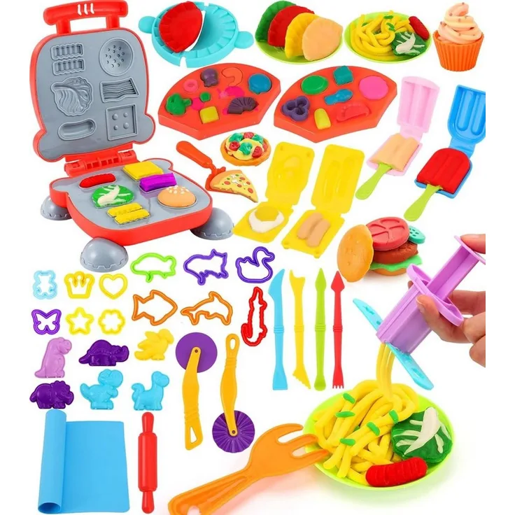 POPOLIC Wandhaken Knete Zubehör,48 St Knete Set Gehören Hamburger-Maker,Knete-Werkzeuge, (1-St, Eismaschine, Nudeln, Pizza Knetwerkzeug für Kinder Küchenspielzeug), Kitchen Creations Spielzeug Geschenk Mädchen Junge