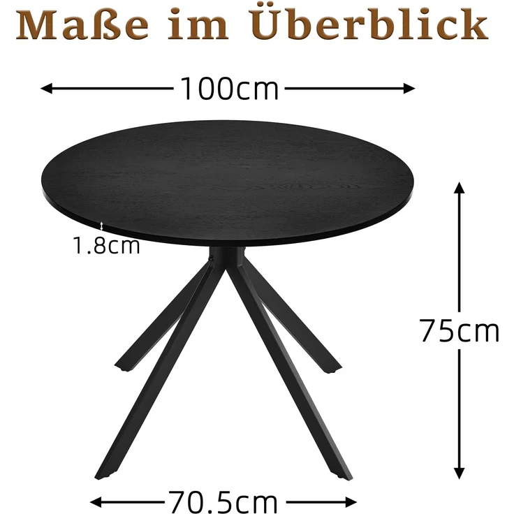 GOEURVANT 1001 Esstisch Set rund Ø 100 cm in Eiche Schwarz-Optik, Küchentisch mit 4 eleganten Stühlen in Mokkabraun – Bild 5