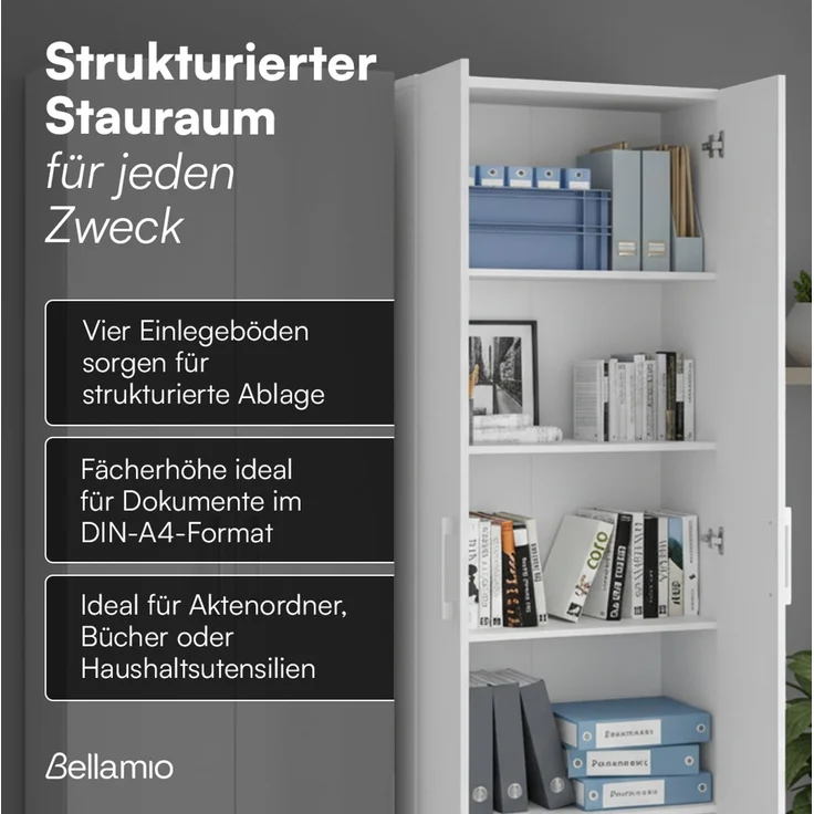 Bellamio 'Apol' Mehrzweckschrank, weiß, 176x33x60 cm, Aktenschrank mit 5 höhenverstellbaren Ablagefächern – Bild 3