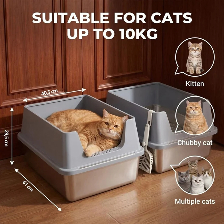 Halupeit Geschlossene Edelstahl-Katzentoilette in XXL-Größe, geräumiger Innenraum, hohe Wände verhindern das Verschütten von Streu, inklusive Schaufel, Dunkelgrau, 61.3 x 40.8 x 29.8 cm – Bild 4