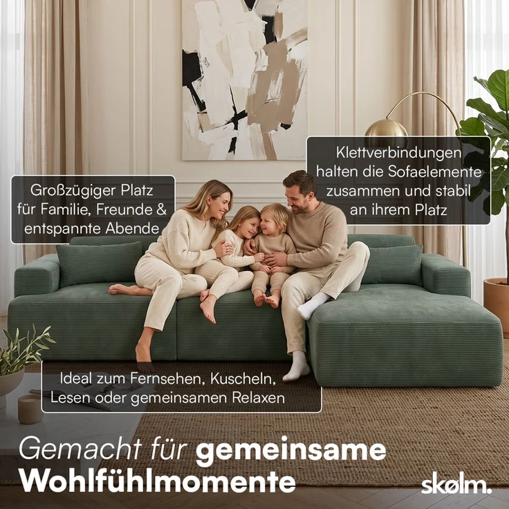 skølm 'Freki' Cloud Sofa 3 Sitzer mit Hocker, Vollschaumcouch mit Federkern und Vakuum-Kompression, kein Aufbau erforderlich, mit 3 Kissen, Cord dunkelgrün – Bild 4