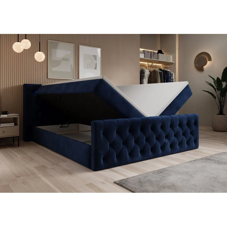 thematys Boxbett LED mit Bettkasten 200x200cm, mit Bonnellfederkernmatratze H3, Bouclé/Velours, mit Stauraum, mit 3 cm Topper, Blau (Velutto 11), Art.-Nr. S04JN0YRETR – Bild 2