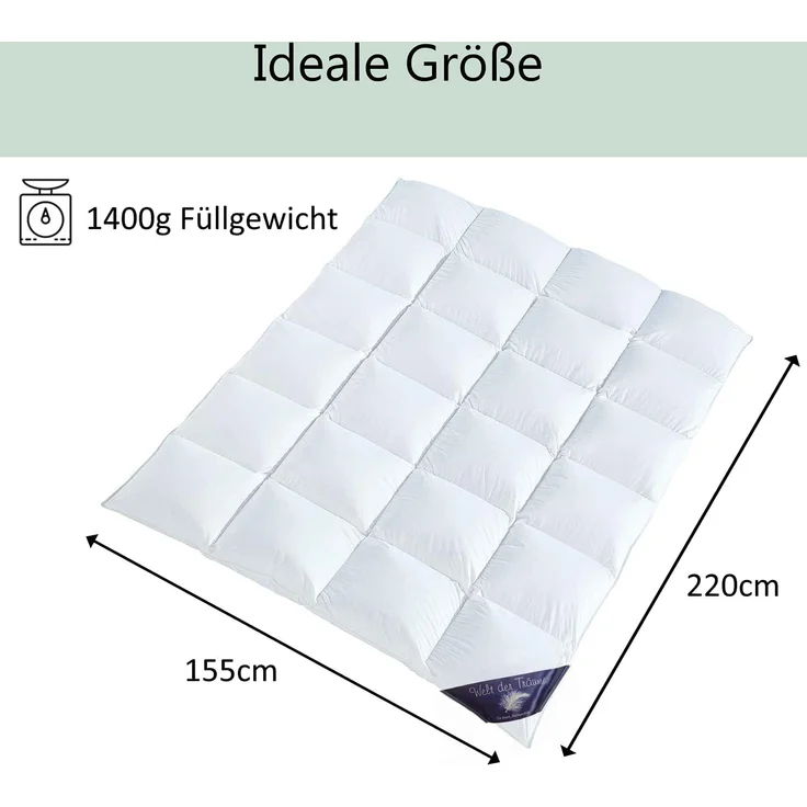 Welt der Träume Daunen Bettdecke, Füllung: 60% Daunen- / 40% Federnanteil, Füllgewicht: 1400 Gramm, Farbe: weiß, Größe: 155x220 cm, Öko-Tex Zertifiziert – Bild 2