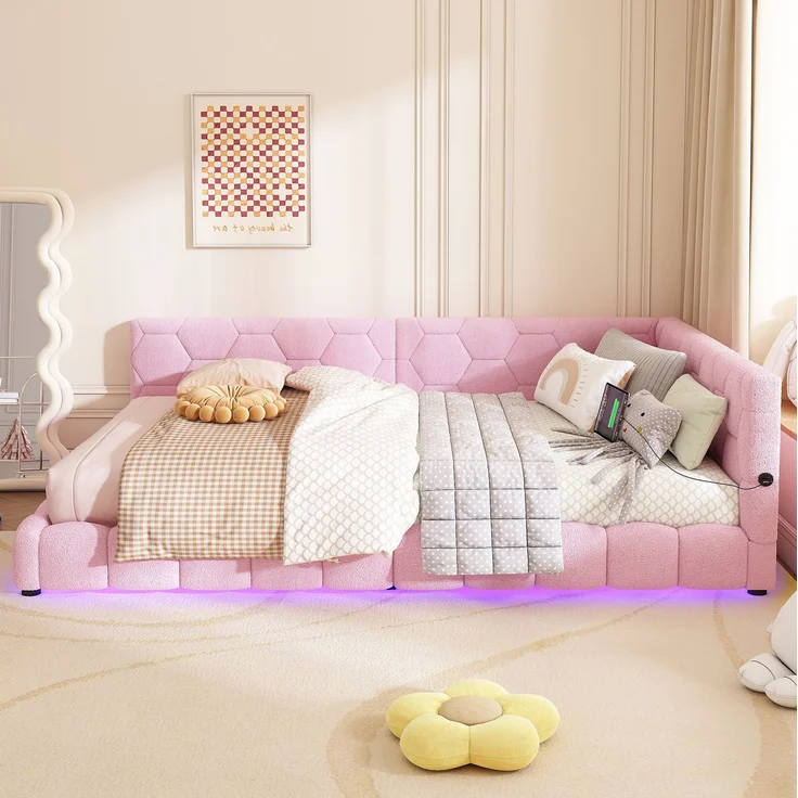 CHICFURN Bett aus Vliesimitat Rosa 140x200 cm mit LED-Beleuchtung und USB- und Type-C-Anschlüssen – Bild 3
