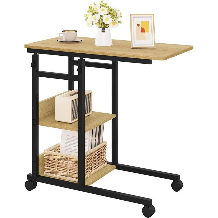 Woltu Beistelltisch, mit Rollen, C-förmig, höhenverstellbar, aus Metall Holzwerkstoff