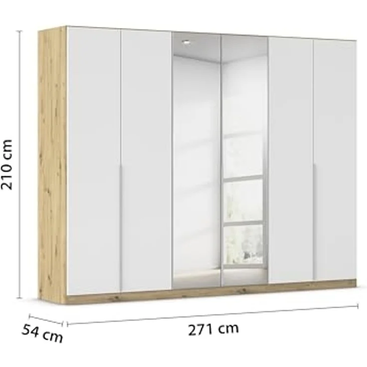 Rauch Möbel Alabama, Kleiderschrank für Schlafzimmer, Kinderzimmer, Wohnzimmer, Garderobe, Flur, 6-türig, Spiegel, mit Zubehör Classic, Farbe Weiß/Eiche Artisan, Holz, Breite 271 cm – Bild 3