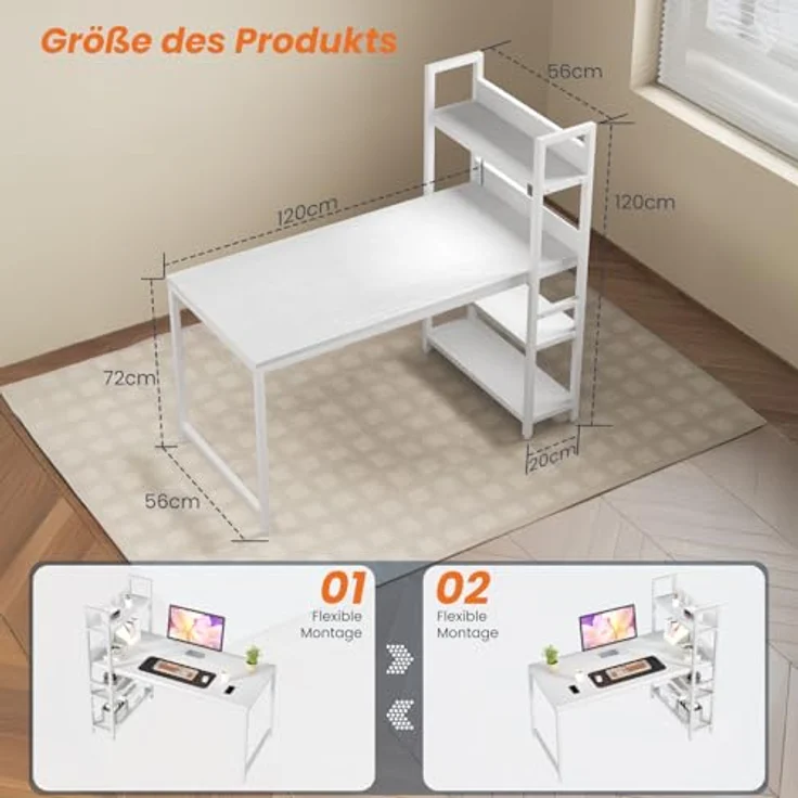 Sweetcrispy Schreibtisch mit Seitlichem Regal & Verstellbaren Füßen, 120 cm breiter Bürotisch, Starker Computertisch mit Ablagefläche, Einfacher Montage, Weiß – Bild 4