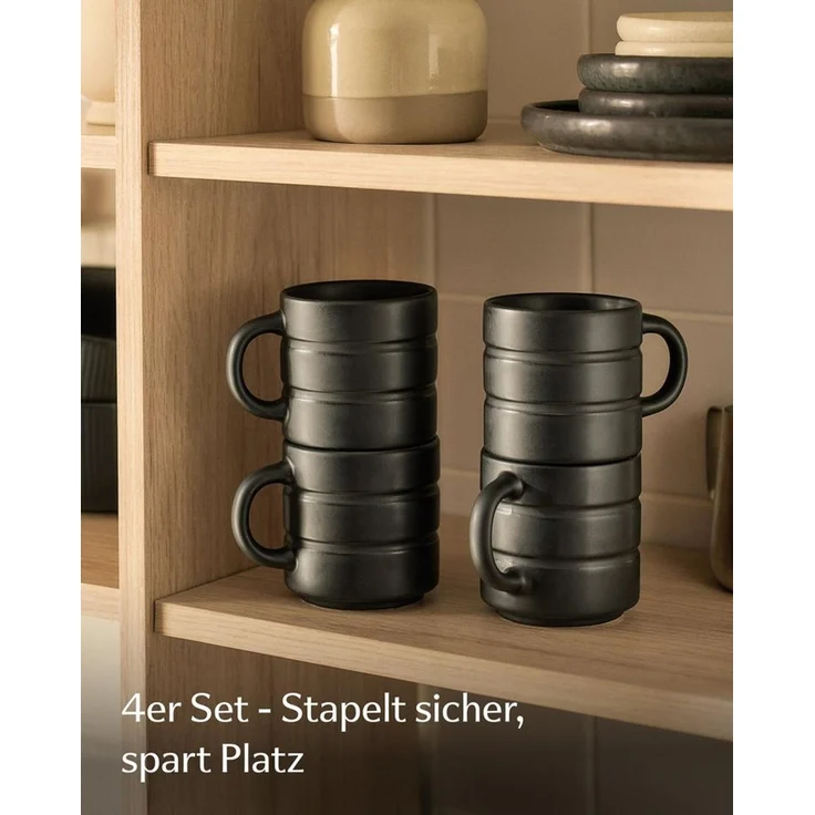 Cosumy Tasse Kaffeetassen Set 4 St. horizontal stapelbar Keramik - Rillenoptik, 4-tlg, Keramik, horizontal stapelbar, Rillenoptik, dickwandige Keramik, 4er-Set – Bild 2
