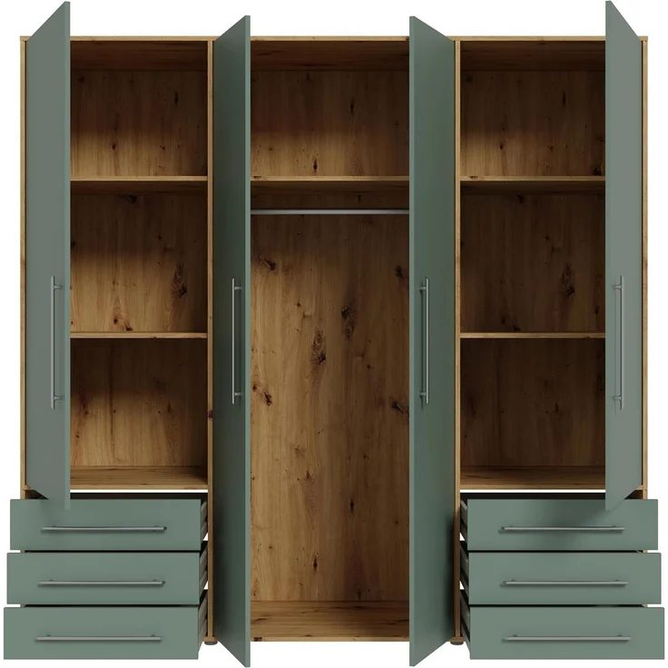 Forte MOKKARO Kleiderschrank 205, Geräumiger Schrank mit 4 Drehtüren und 6 Schubladen, Artisan Eiche Dekor/Salbei, 205,9 cm breit, 200 cm hoch, 53 cm tief – Bild 5