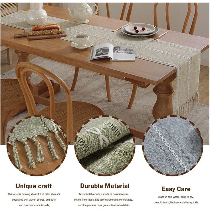 Blusmart Tischläufer Klassische Tischfahne im nordischen Stil (Tischdecke mit Quasten im Boho-Landhausstil 1-tlg, Handgefertigte Quasten, waschbar), Geeignet als Tischdekoration – Bild 2