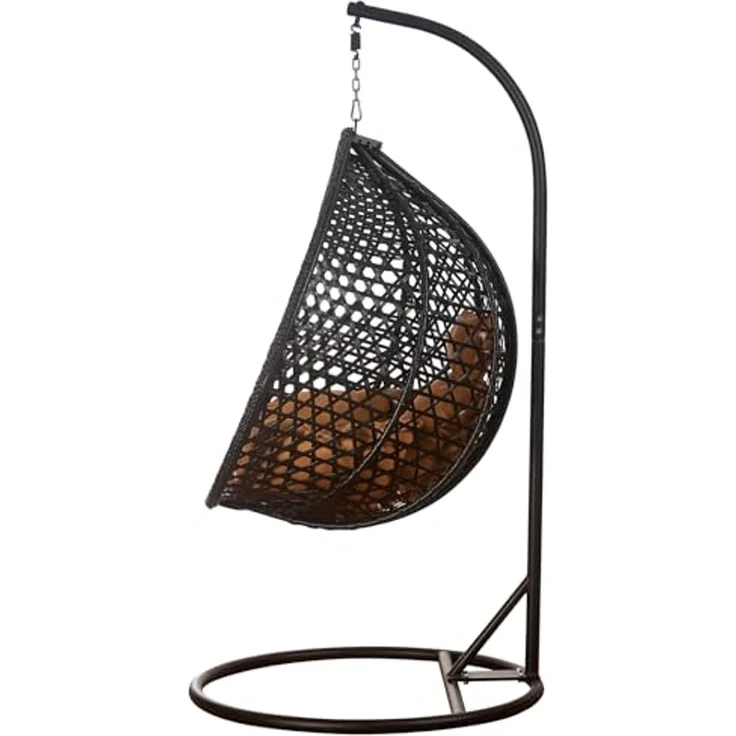 Luxus Hängesessel Style XXL Rattan Korb Gestell Schwarz mit Relaxkissen Braun – Bild 3