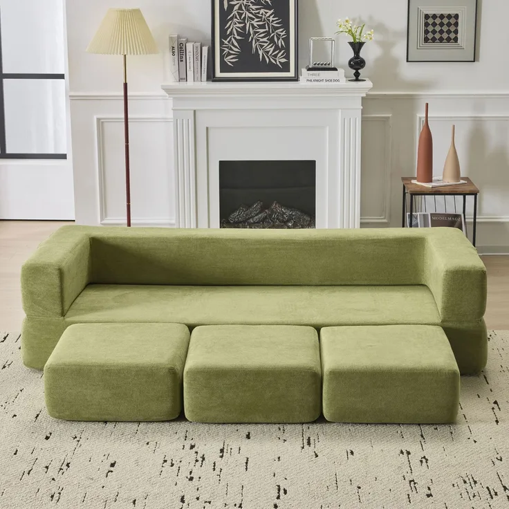 ZUBALIYA SchlafSofa mit Chenille - Bezug, modular aufgebaut, mit Schaumstoffpolsterung, aus Chenille, für Wohnzimmer und Apartments, Grün