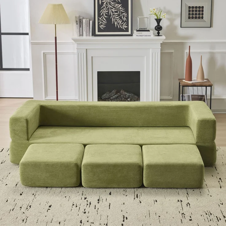 ZUBALIYA SchlafSofa mit Chenille - Bezug, modular aufgebaut, mit Schaumstoffpolsterung, aus Chenille, für Wohnzimmer und Apartments, Grün – Bild 1