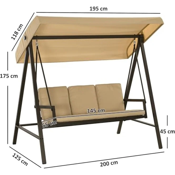 Outsunny Hollywoodschaukel Schaukelbank mit Verstellbarem Dach, Rückenkissen, 3-Sitzer, mehrfach verstellbares Dach, Gartenschaukel, 1 tlg, Schwingbank, bis 360 kg Belastbar, Beige, 200 x 125 x 175 cm – Bild 7
