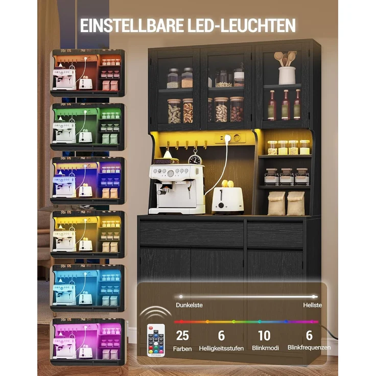 Küchenschrank, Buffetschrank, Hochschrank mit Steckdosen und LED-Lichtleisten, mit Arbeitsplatten und Zwei Schubladen, Verstellbare Einlegeböden, Küche, 40 x 100 x 180 cm, Schwarz – Bild 4