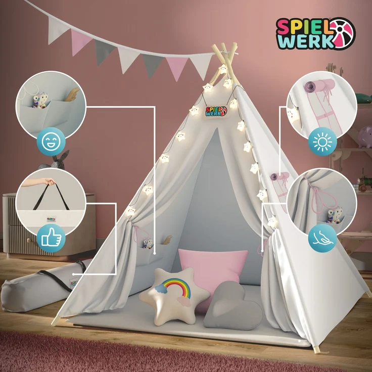 Spielwerk Kindertipi mit Lichterkette, Bodenmatte & Kissen, Baumwolle beige, 120 x 120 x 160 cm – Bild 4
