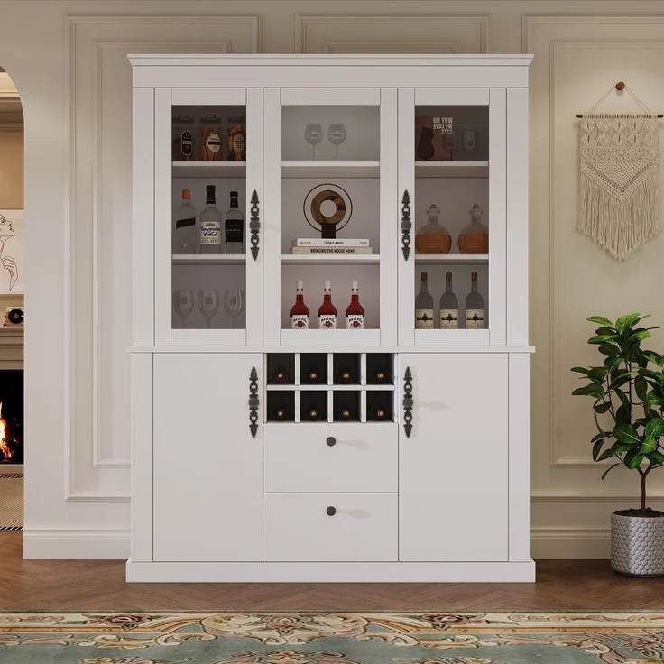 130*37.5*170.5cm Vitrine, Standvitrine mit 2 Schubladen 4 Schranktüren, Glasvitrine mit LED, Wohnzimmerschrank 130 cm breit, Multifunktionsschrank mit 8 Weinregal, Großer Schrank, Weiß--Weiß--130x37.5x170.5cm--YOUDENOVA – Bild 3