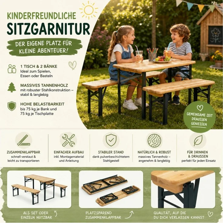 HAGO Garten-Kindersitzgruppe Kindersitzgruppe Gartenbank Klappbank Bierzeltgarnitur Holz, (3-tlg), Klappbar – Bild 4
