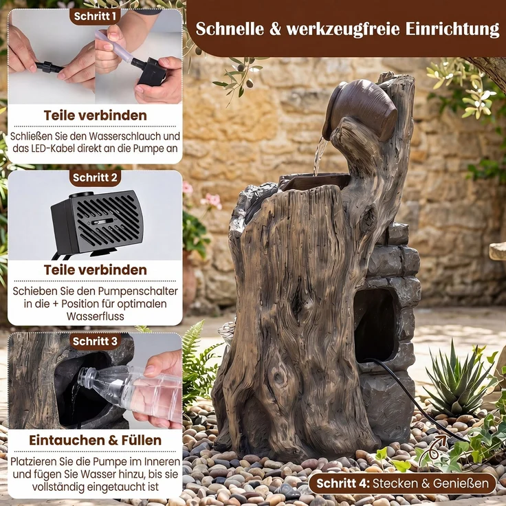 4-Stufiger Gartenbrunnen mit LED-Beleuchtung Dekorativer Zierbrunnen mit Entenmotiv 30 x 27 x 57 cm SH1600 – Bild 5